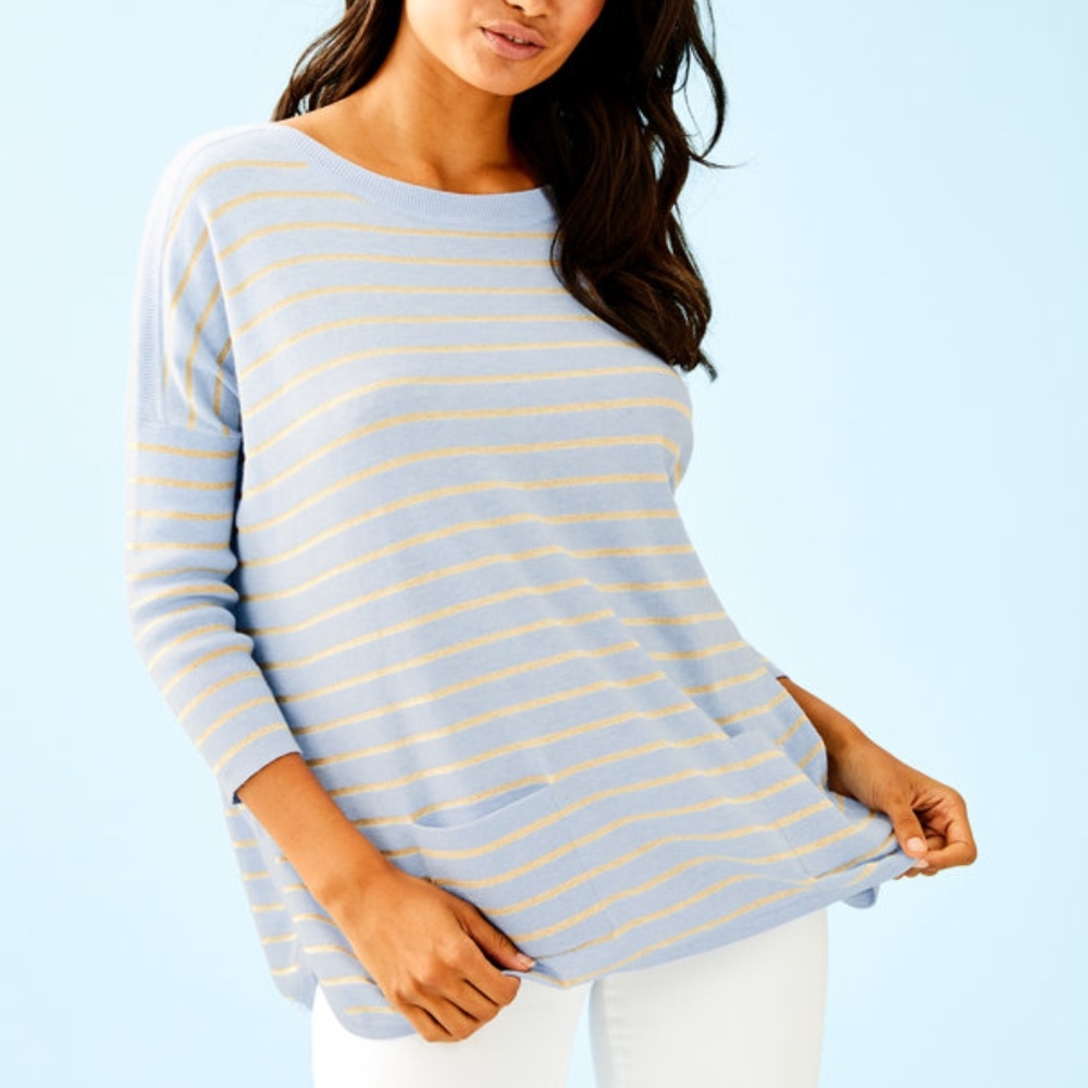 Lilly Pulitzer Cobo Knit Oversized Sweater Pockets Blue Stripe Crop Sleeve XS 2